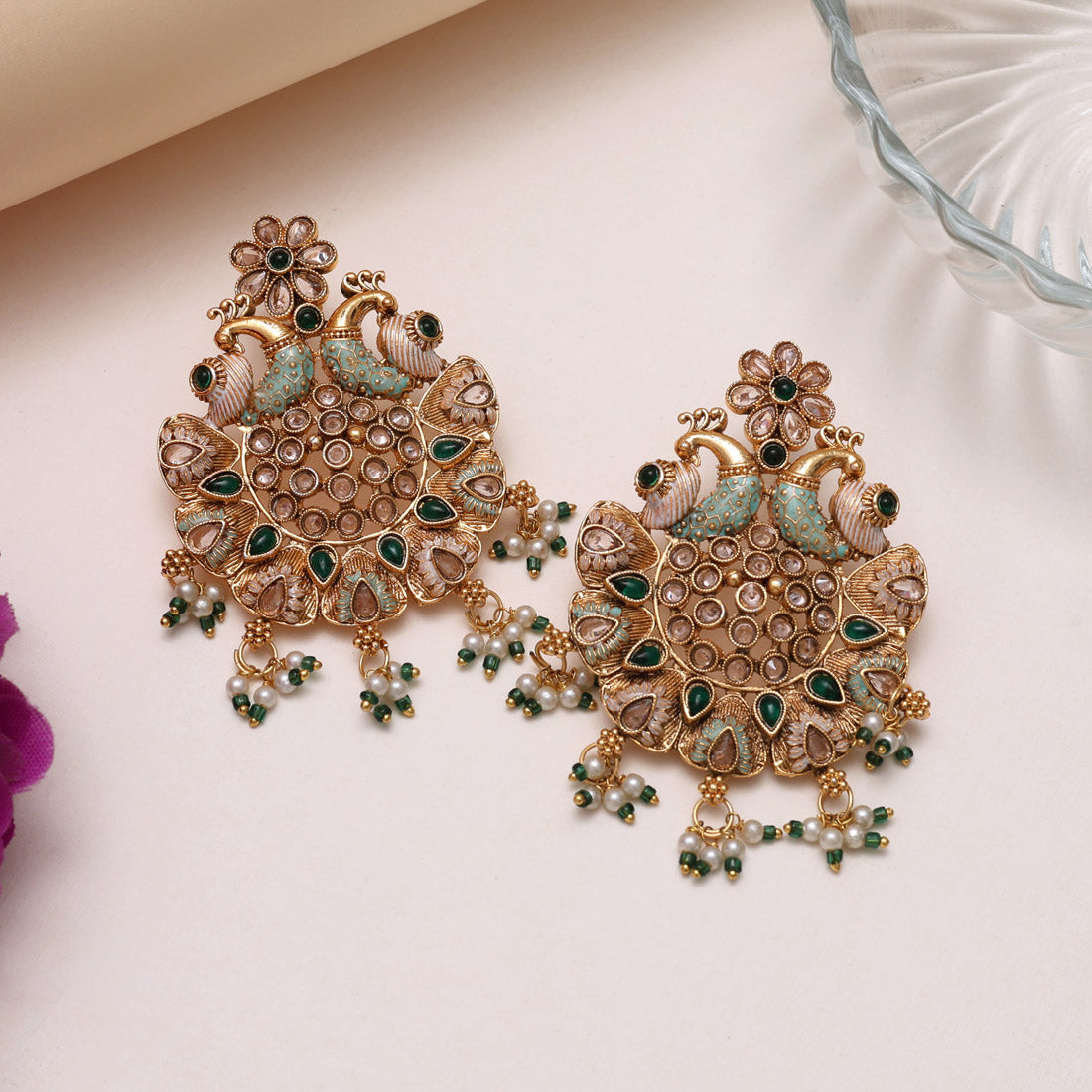 Green Color Rajwadi Matte Gold Earrings (MGE315GRN) - Preyans.com