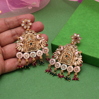 Multi Color Rajwadi Matte Gold Earrings (MGE316MLT) - Preyans.com