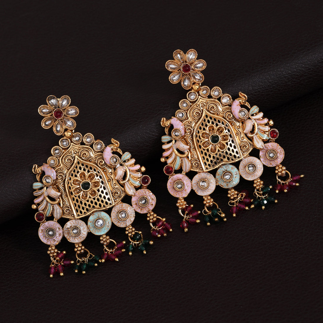 Multi Color Rajwadi Matte Gold Earrings (MGE316MLT) - Preyans.com