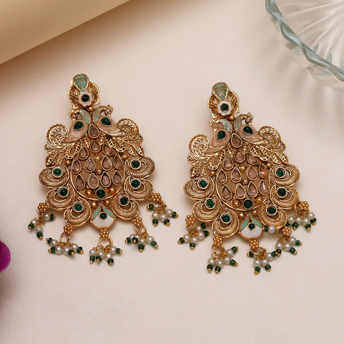 Green Color Rajwadi Matte Gold Earrings (MGE317GRN) - Preyans.com