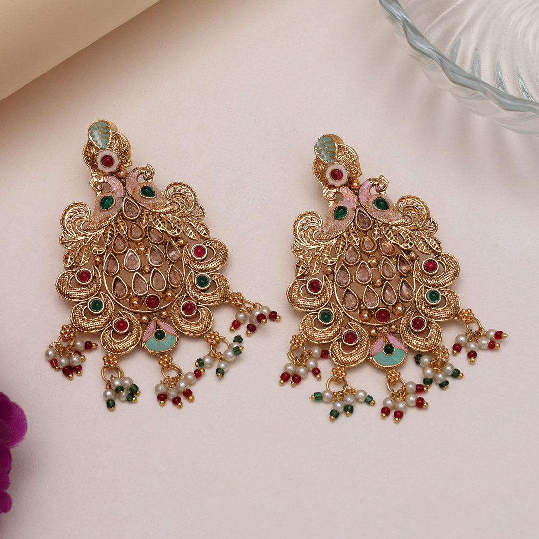 Multi Color Rajwadi Matte Gold Earrings (MGE317MLT) - Preyans.com