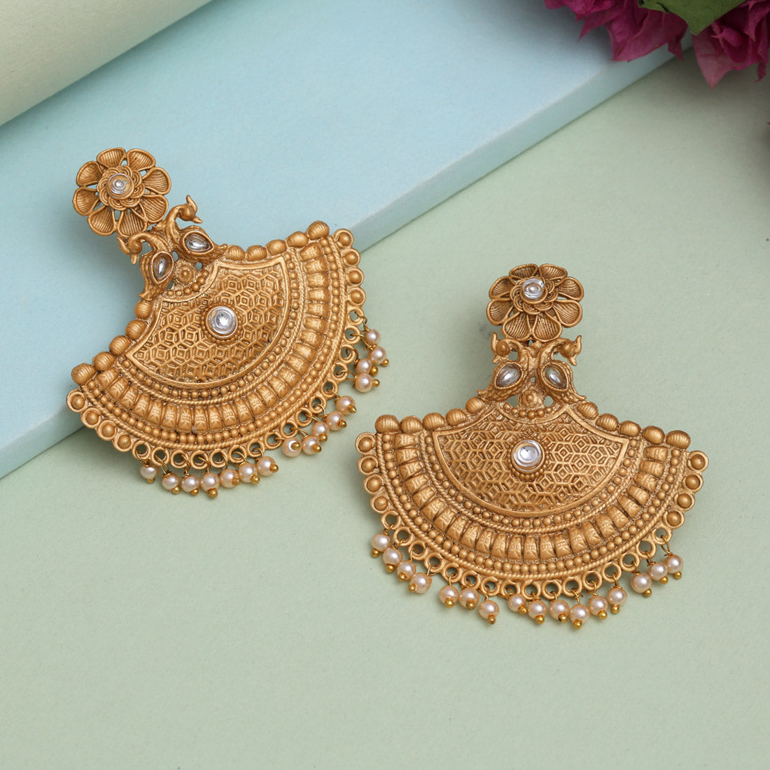 Gold Color Rajwadi Matte Gold Earrings (MGE319GLD) - Preyans.com