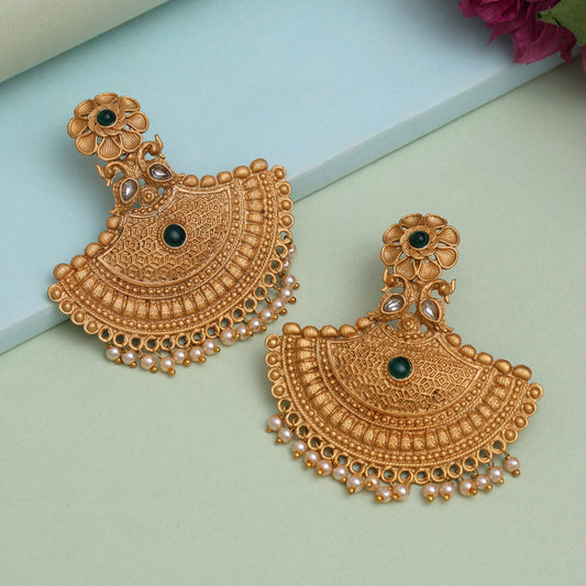 Green Color Rajwadi Matte Gold Earrings (MGE319GRN) - Preyans.com