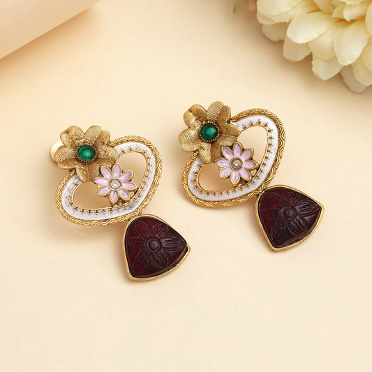 Maroon & Green Color Rajwadi Matte Gold Earrings (MGE320MG) - Preyans.com