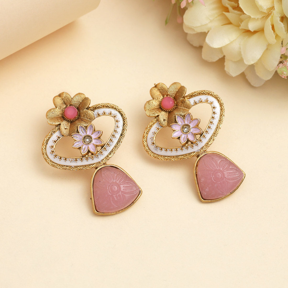 Pink Color Rajwadi Matte Gold Earrings (MGE320PNK) - Preyans.com