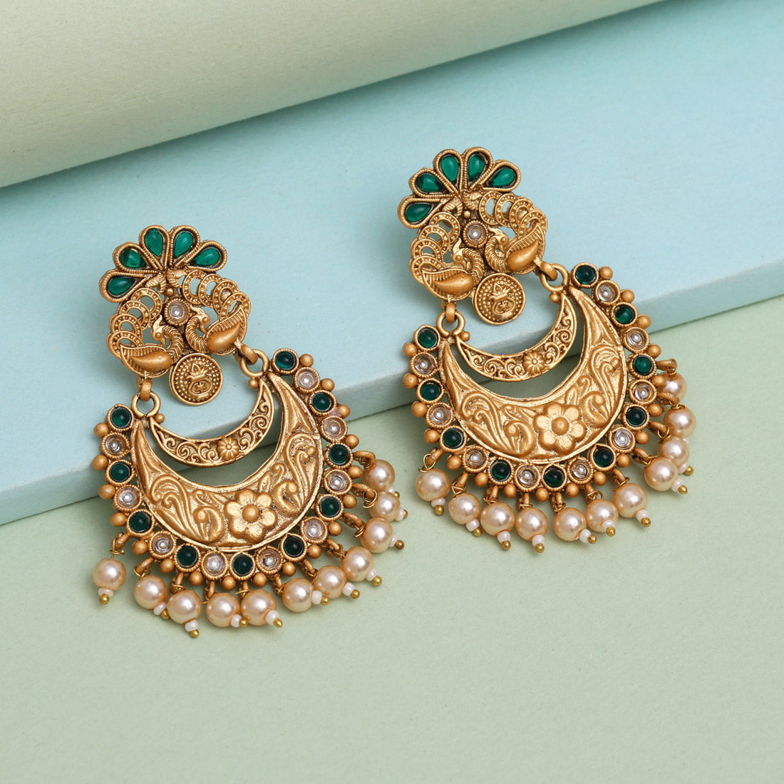 Green Color Rajwadi Matte Gold Earrings (MGE322GRN) - Preyans.com