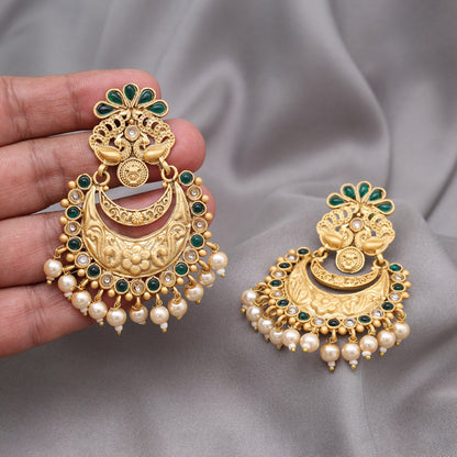 Green Color Rajwadi Matte Gold Earrings (MGE322GRN) - Preyans.com