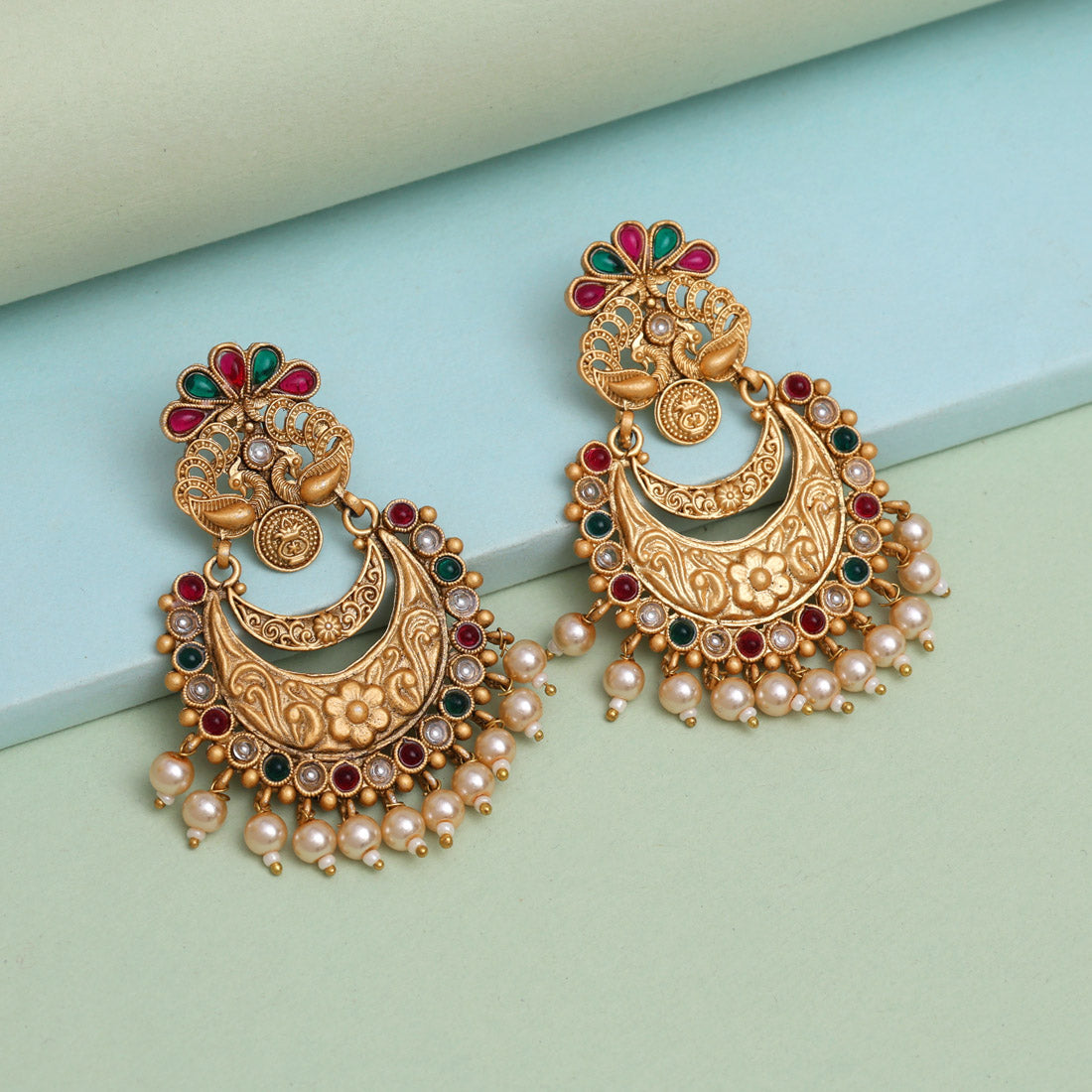 Rani & Green Color Rajwadi Matte Gold Earrings (MGE322RNIGRN) - Preyans.com