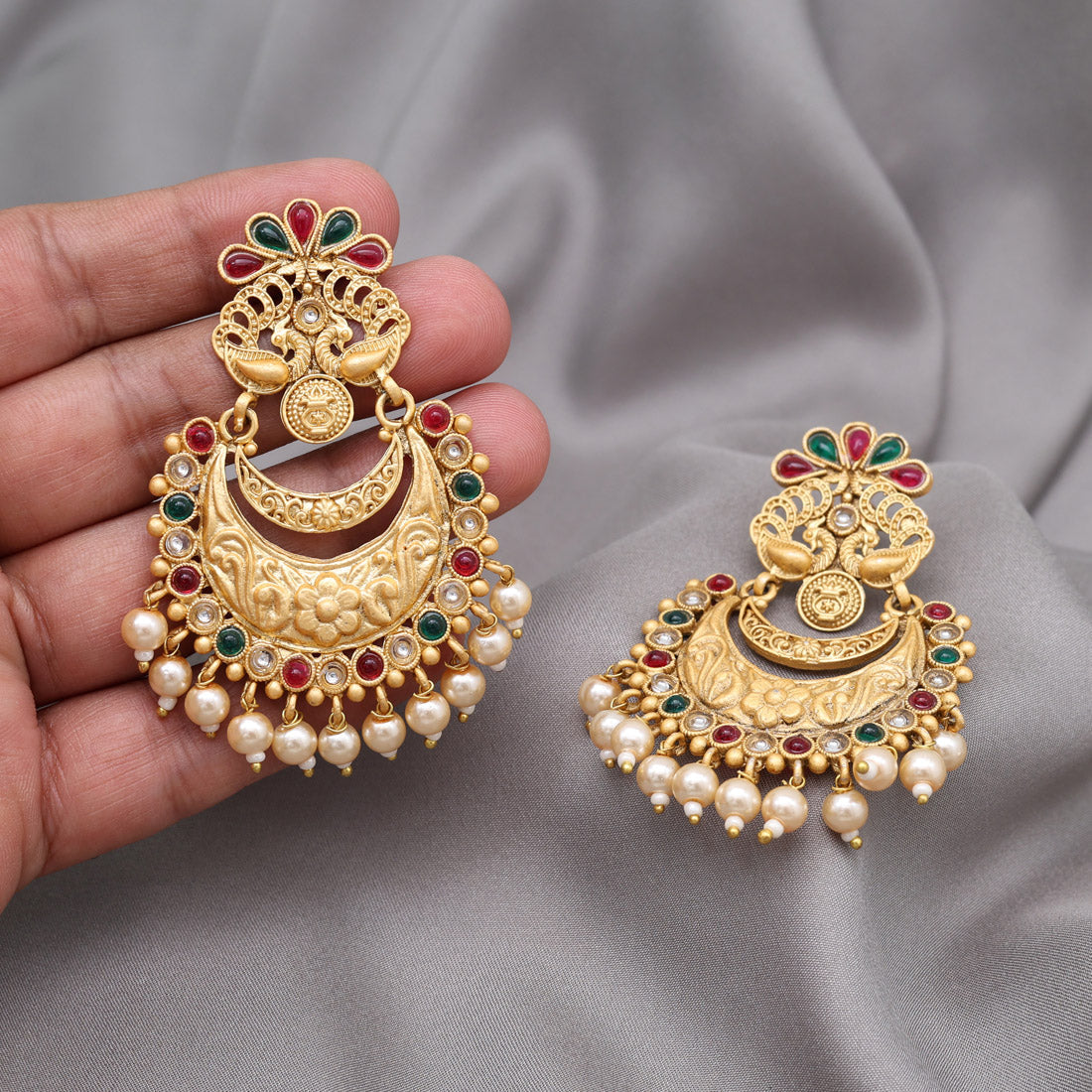 Rani & Green Color Rajwadi Matte Gold Earrings (MGE322RNIGRN) - Preyans.com