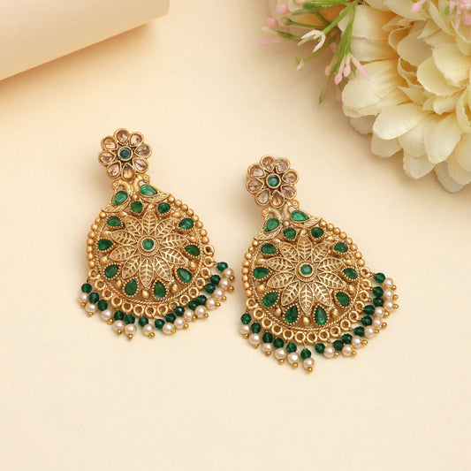 Green Color Rajwadi Matte Gold Earrings (MGE323GRN) - Preyans.com