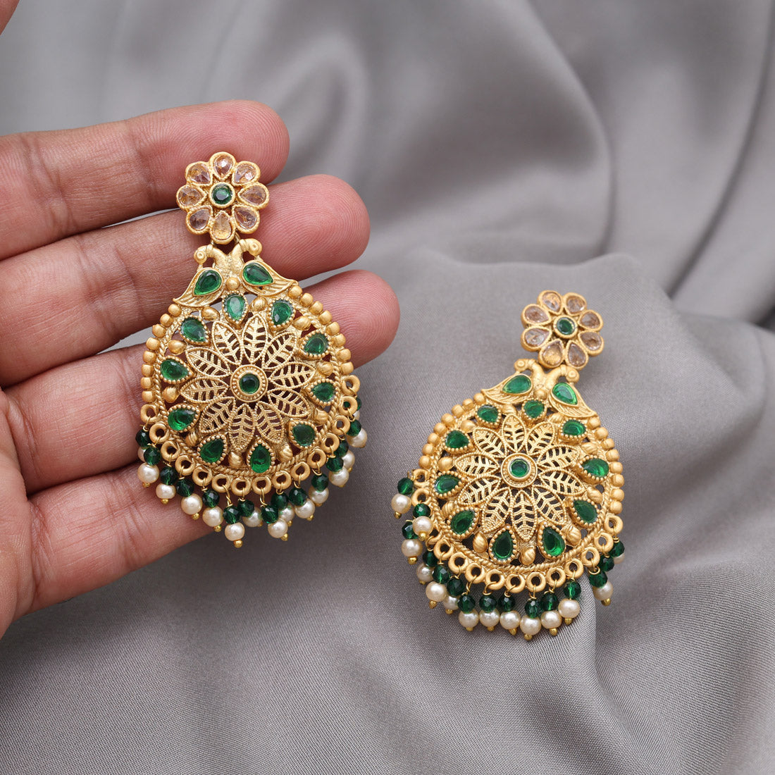 Green Color Rajwadi Matte Gold Earrings (MGE323GRN) - Preyans.com