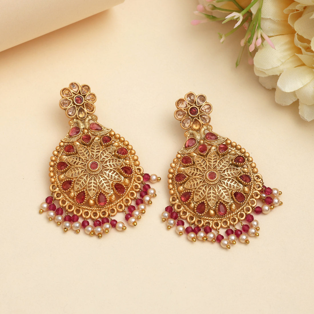 Rani Color Rajwadi Matte Gold Earrings (MGE323RNI) - Preyans.com