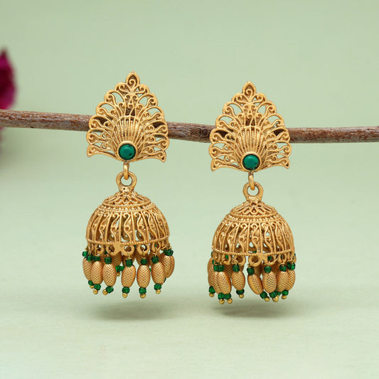 Green Color Rajwadi Matte Gold Earrings (MGE326GRN) - Preyans.com