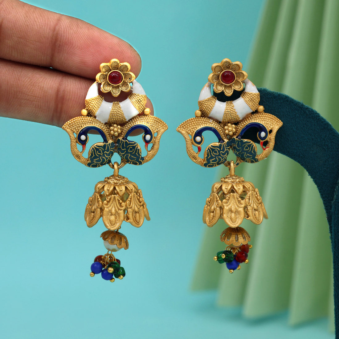 Multi Color Rajwadi Matte Gold Earrings (MGE327MLT) - Preyans.com