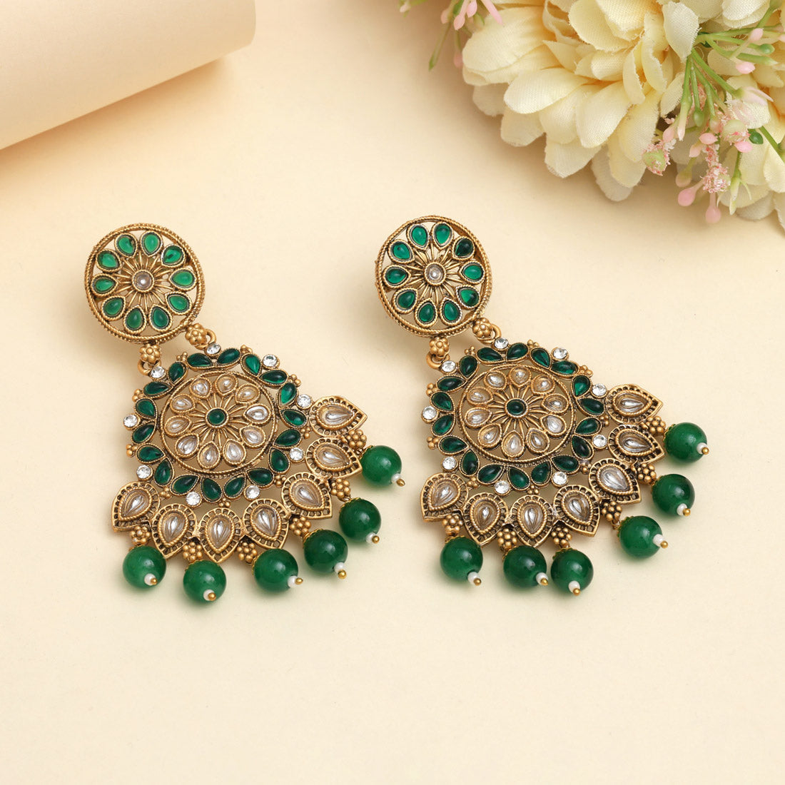 Green Color Rajwadi Matte Gold Earrings (MGE328GRN) - Preyans.com