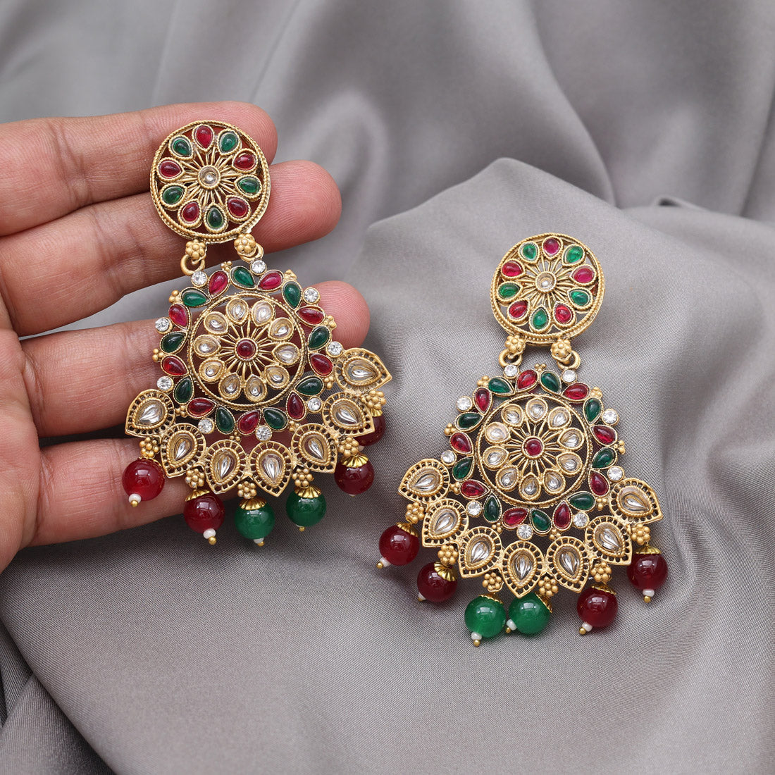 Maroon & Green Color Rajwadi Matte Gold Earrings (MGE328MG) - Preyans.com