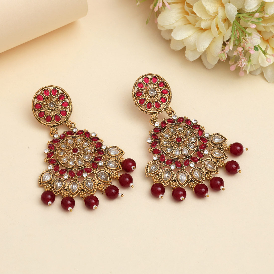 Maroon Color Rajwadi Matte Gold Earrings (MGE328MRN) - Preyans.com