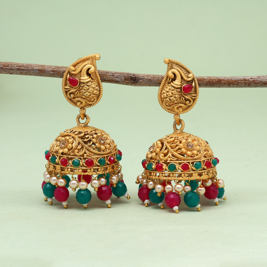 Rani & Green Color Rajwadi Matte Gold Earrings (MGE329RNIGRN) - Preyans.com