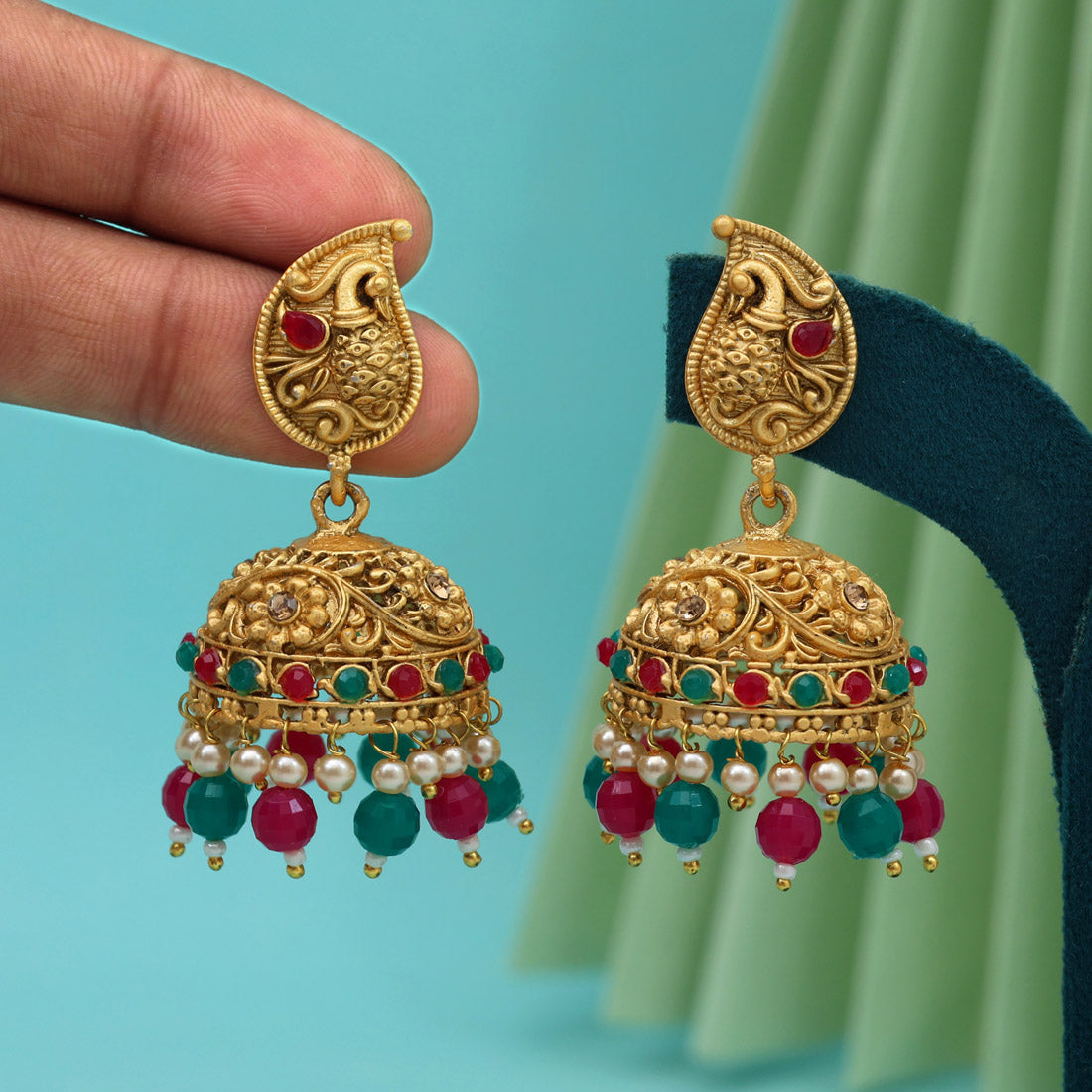 Rani & Green Color Rajwadi Matte Gold Earrings (MGE329RNIGRN) - Preyans.com