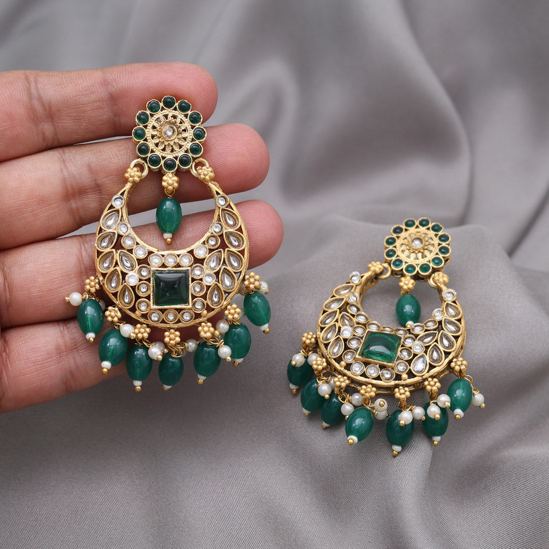 Green Color Rajwadi Matte Gold Earrings (MGE332GRN) - Preyans.com