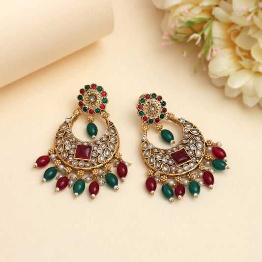 Maroon & Green Color Rajwadi Matte Gold Earrings (MGE332MG) - Preyans.com