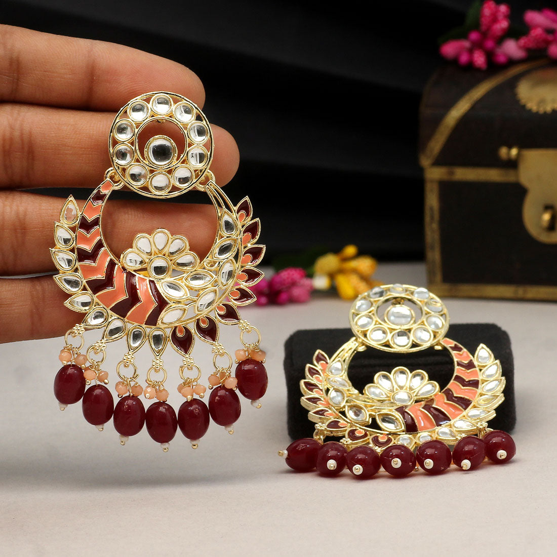 Maroon Color Meenakari Earrings (MKE1718MRN) - preyans.com