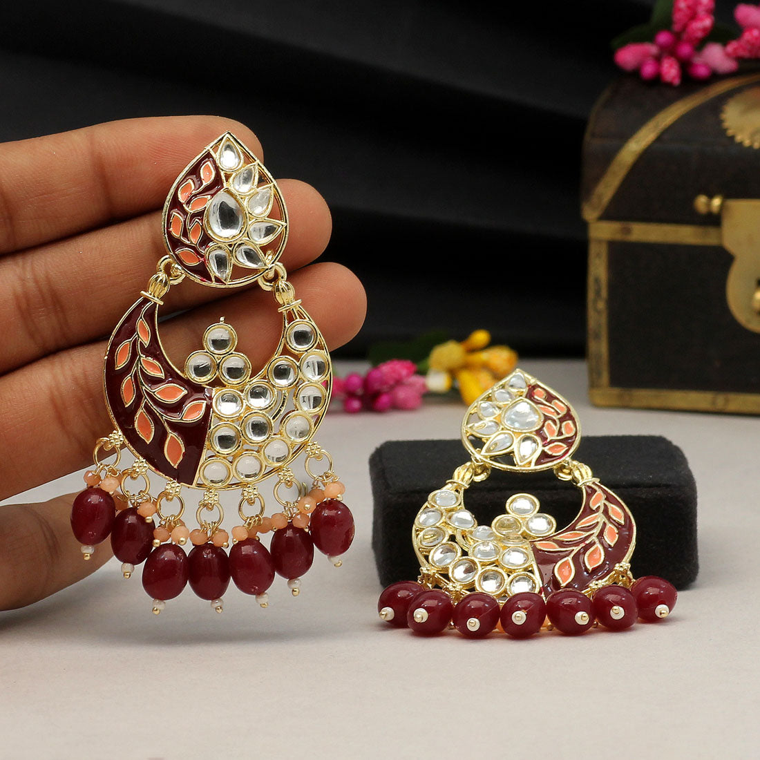 Maroon Color Meenakari Earrings (MKE1719MRN) - preyans.com