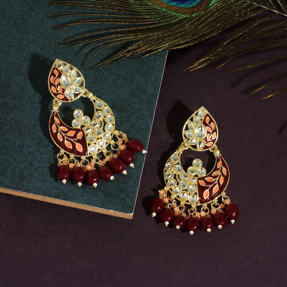 Maroon Color Meenakari Earrings (MKE1719MRN) - preyans.com