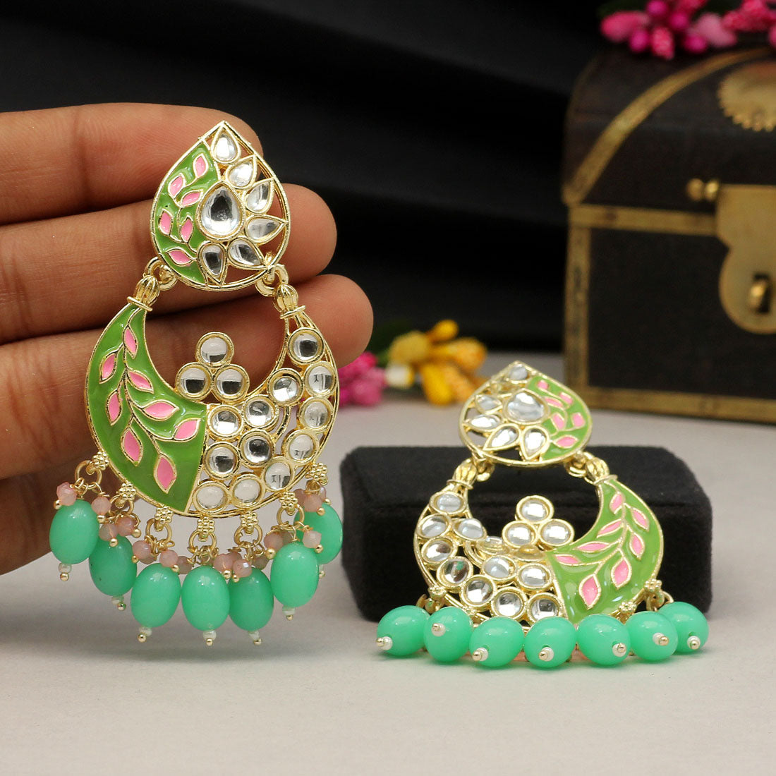 Parrot Green Color Meenakari Earrings (MKE1719PGRN) - preyans.com