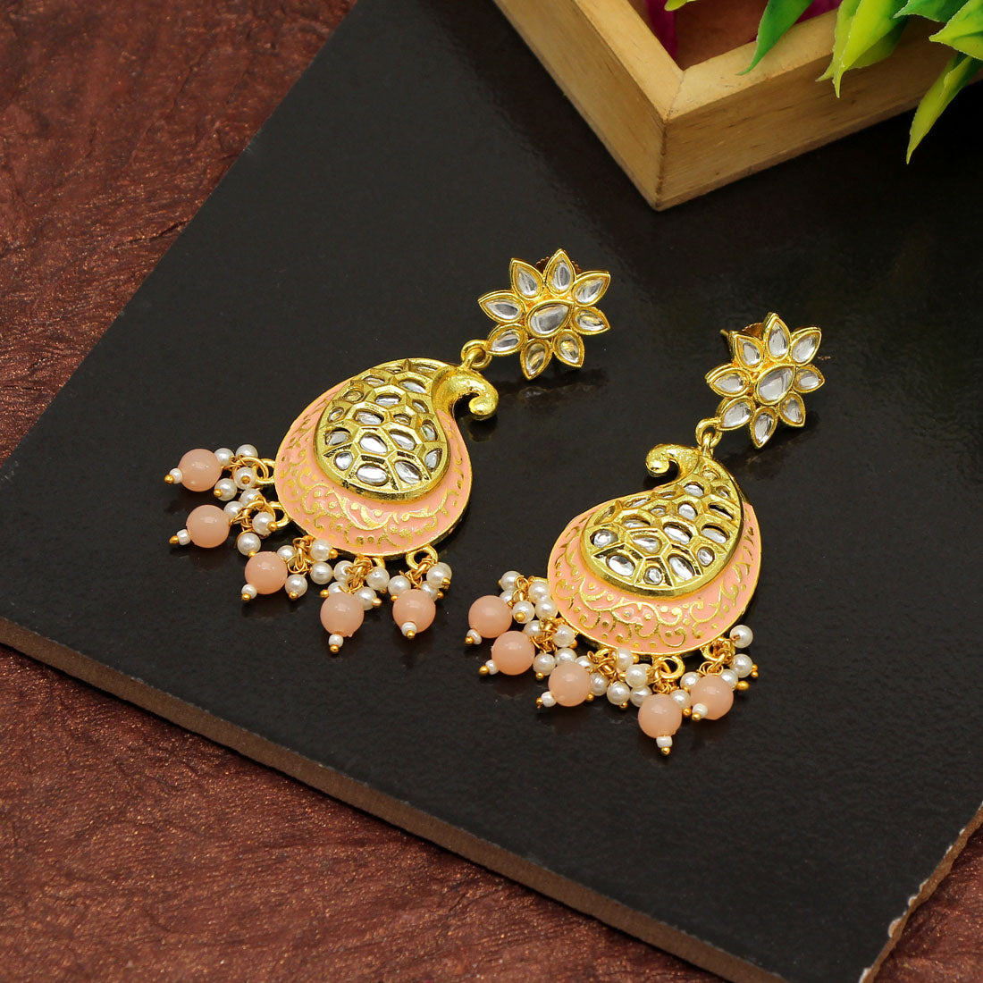 Peach Color Meenakari Earrings (MKE1760PCH) - preyans.com