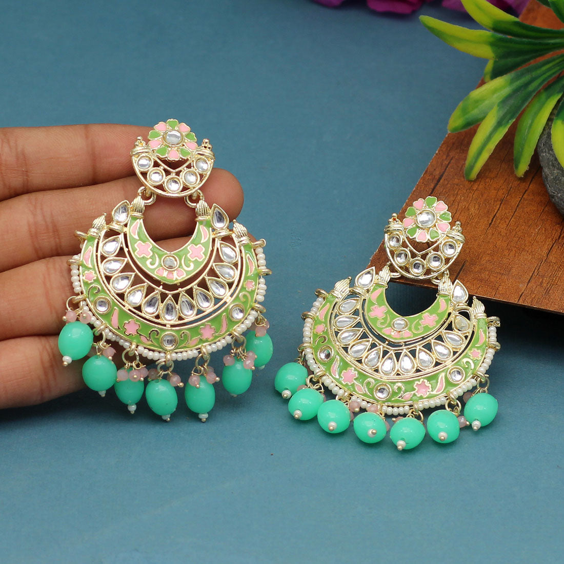 Parrot Green Color Meenakari Earrings (MKE1765PGRN) - preyans.com