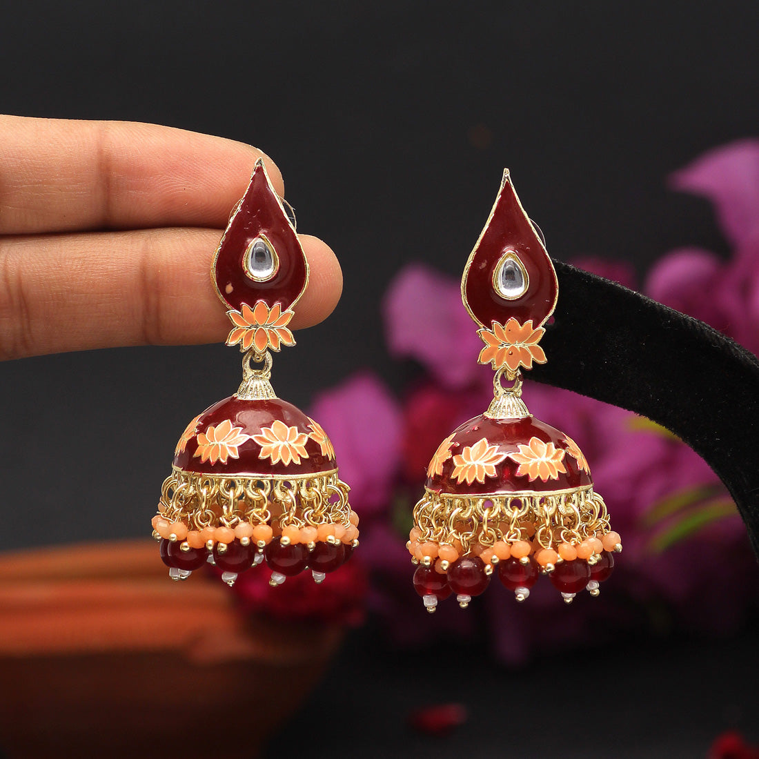 Maroon Color Meenakari Earrings (MKE1770MRN) - preyans.com