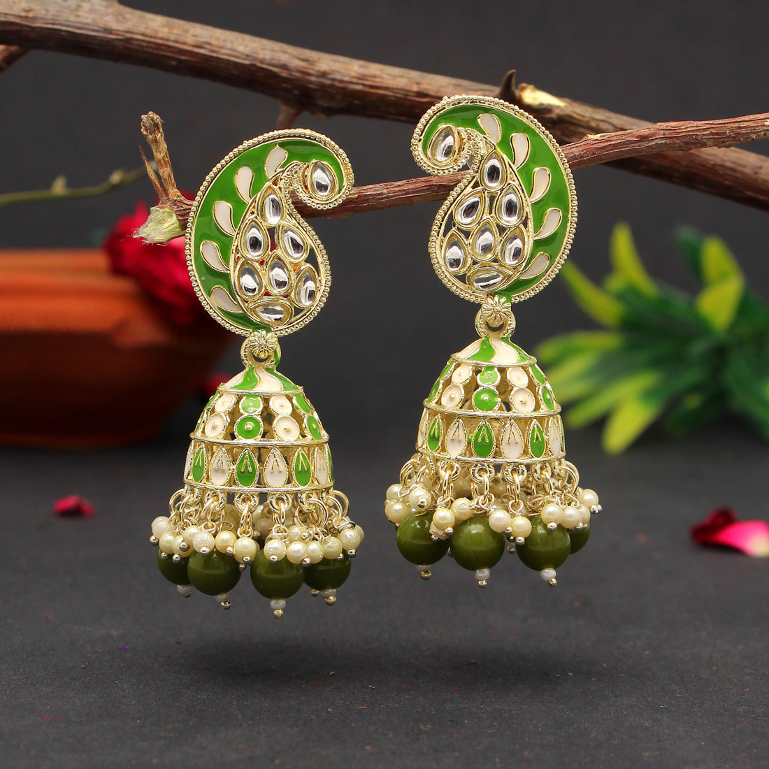 Mehandi Green Color Meenakari Earrings (MKE1772MGRN) - preyans.com