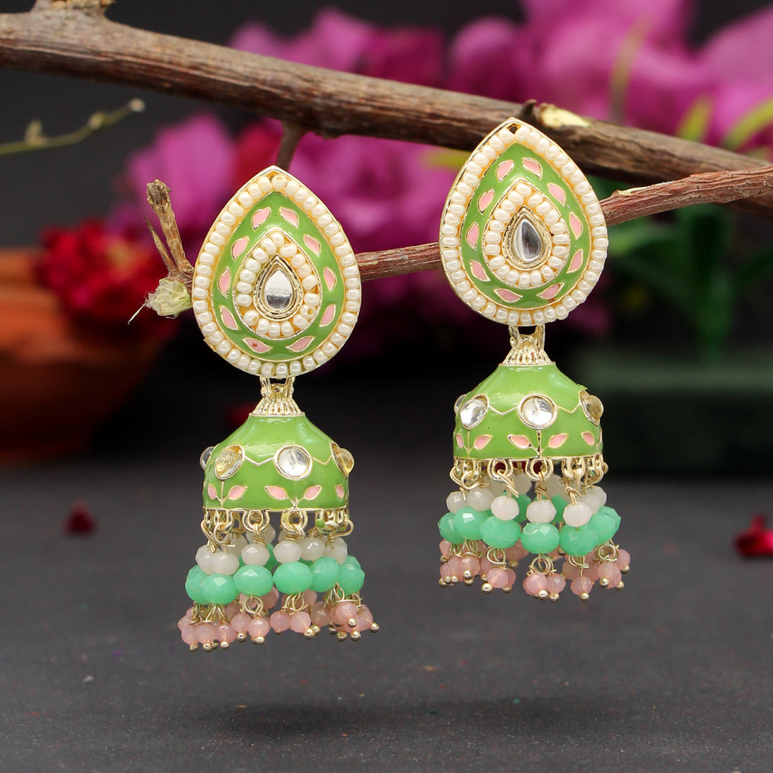 Parrot Green Color Meenakari Earrings (MKE1773PGRN) - preyans.com