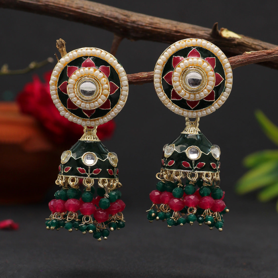 Green Color Meenakari Earrings (MKE1774GRN) - preyans.com