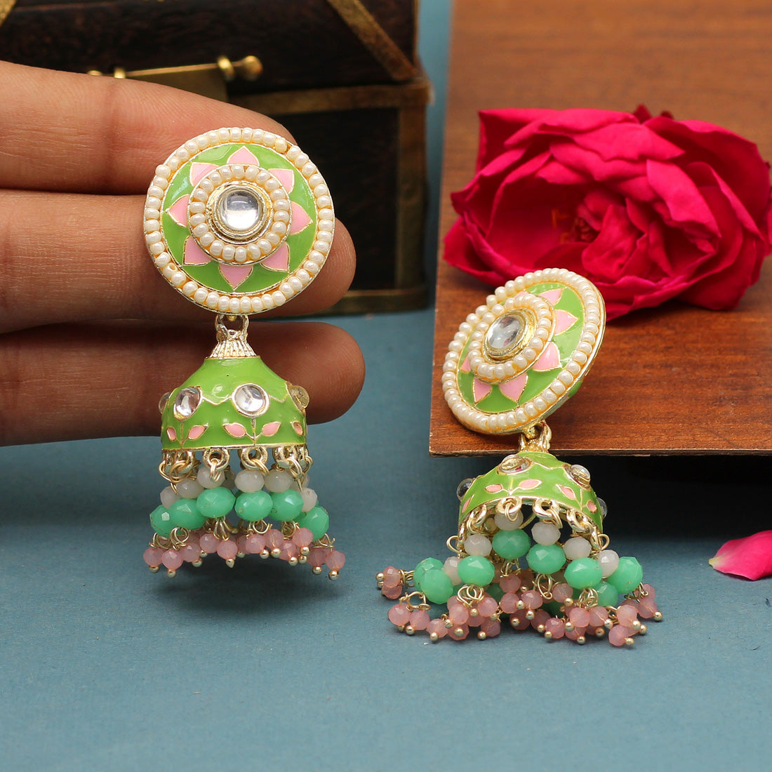 Parrot Green Color Meenakari Earrings (MKE1774PGRN) - preyans.com