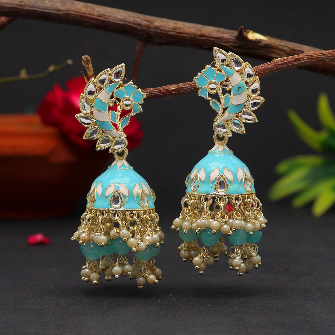 Firozi Color Meenakari Earrings (MKE1775FRZ) - preyans.com