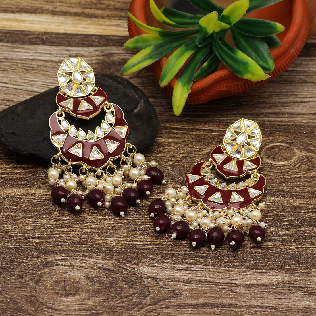 Maroon Color Meenakari Earrings (MKE1778MRN) - preyans.com