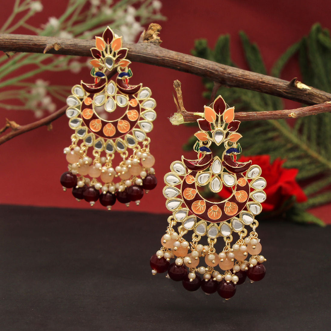 Maroon Color Meenakari Earrings (MKE1785MRN) - preyans.com