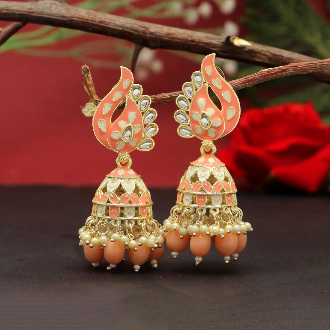 Peach Color Meenakari Earrings (MKE1787PCH) - preyans.com