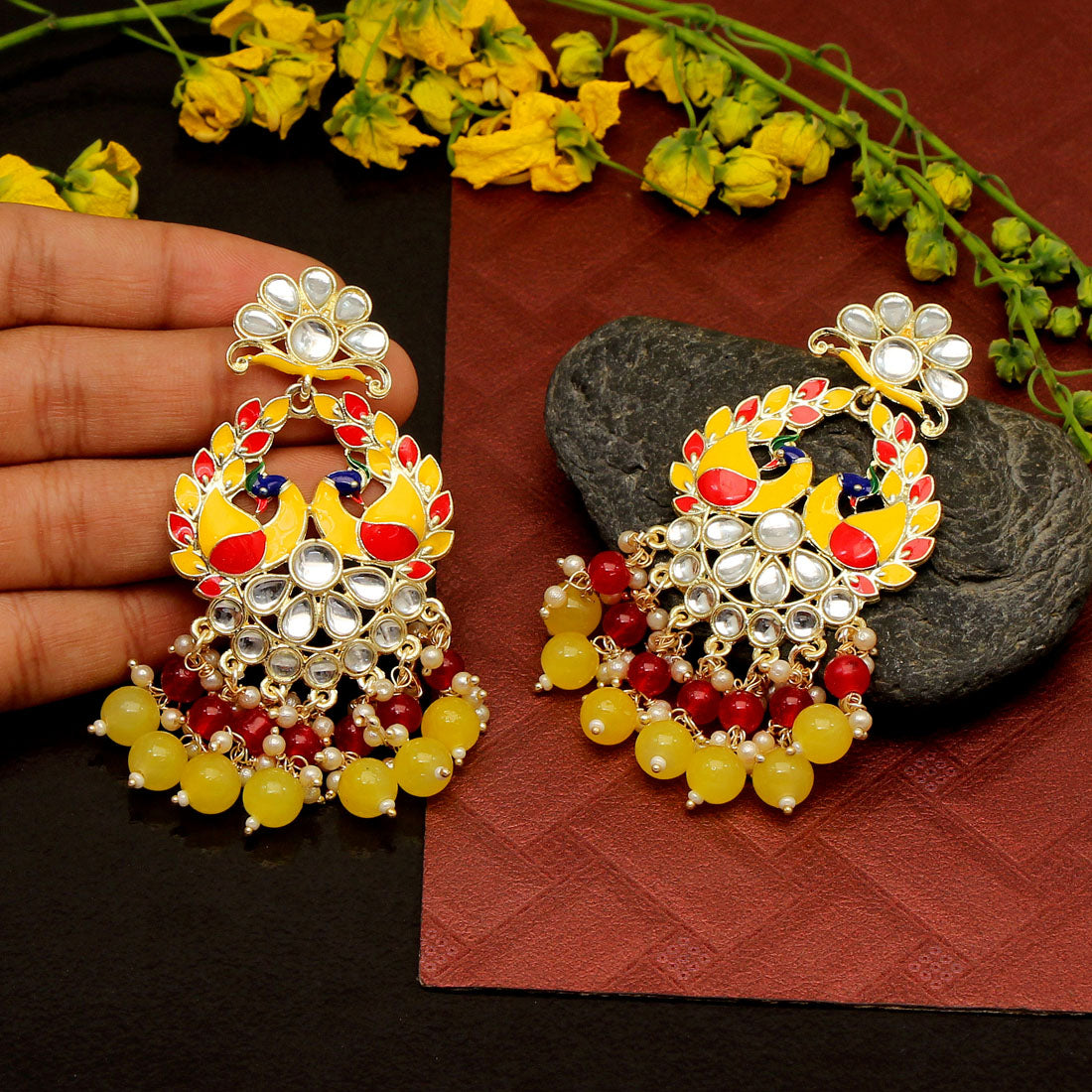 Yellow Color Meenakari Earrings (MKE1792YLW) - preyans.com