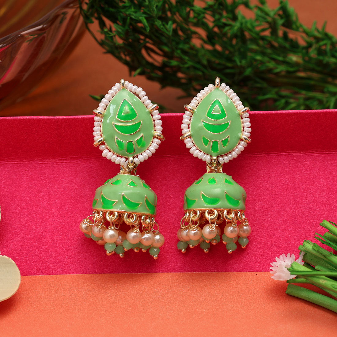 Parrot Green Color Meenakari Earrings (MKE1805PGRN) - preyans.com