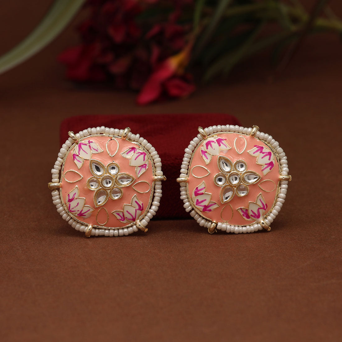 Peach Color Meenakari Stud Earrings (MKE1818PCH) - preyans.com