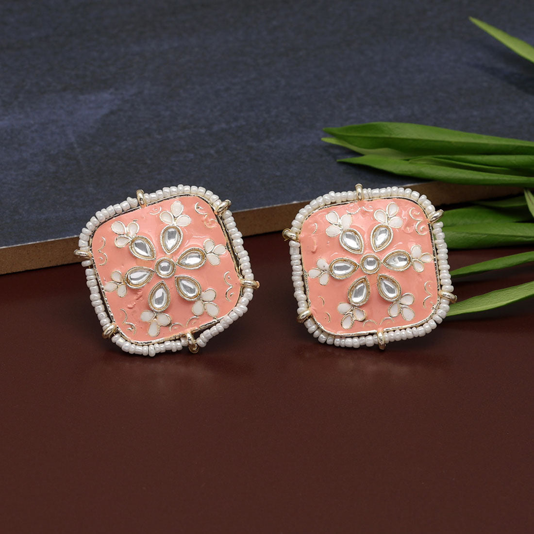 Peach Color Meenakari Stud Earrings (MKE1820PCH) - preyans.com