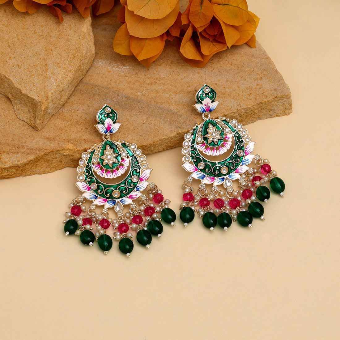 Green Color Hand Painted Meenakari Earrings (MKE1952GRN) - preyans.com