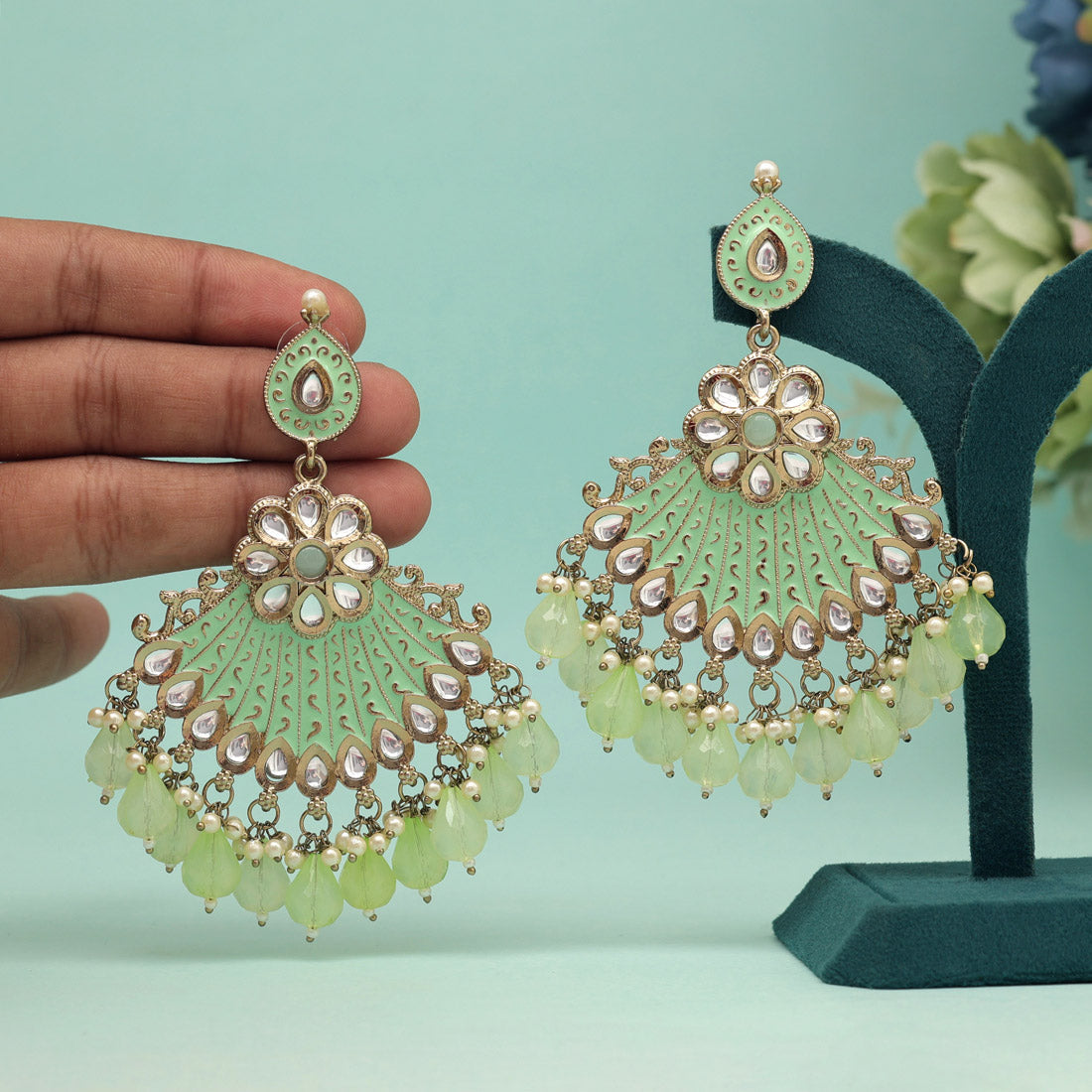 Pista Green Color Kundan Meenakari Earrings (MKE1995PGRN) - preyans.com