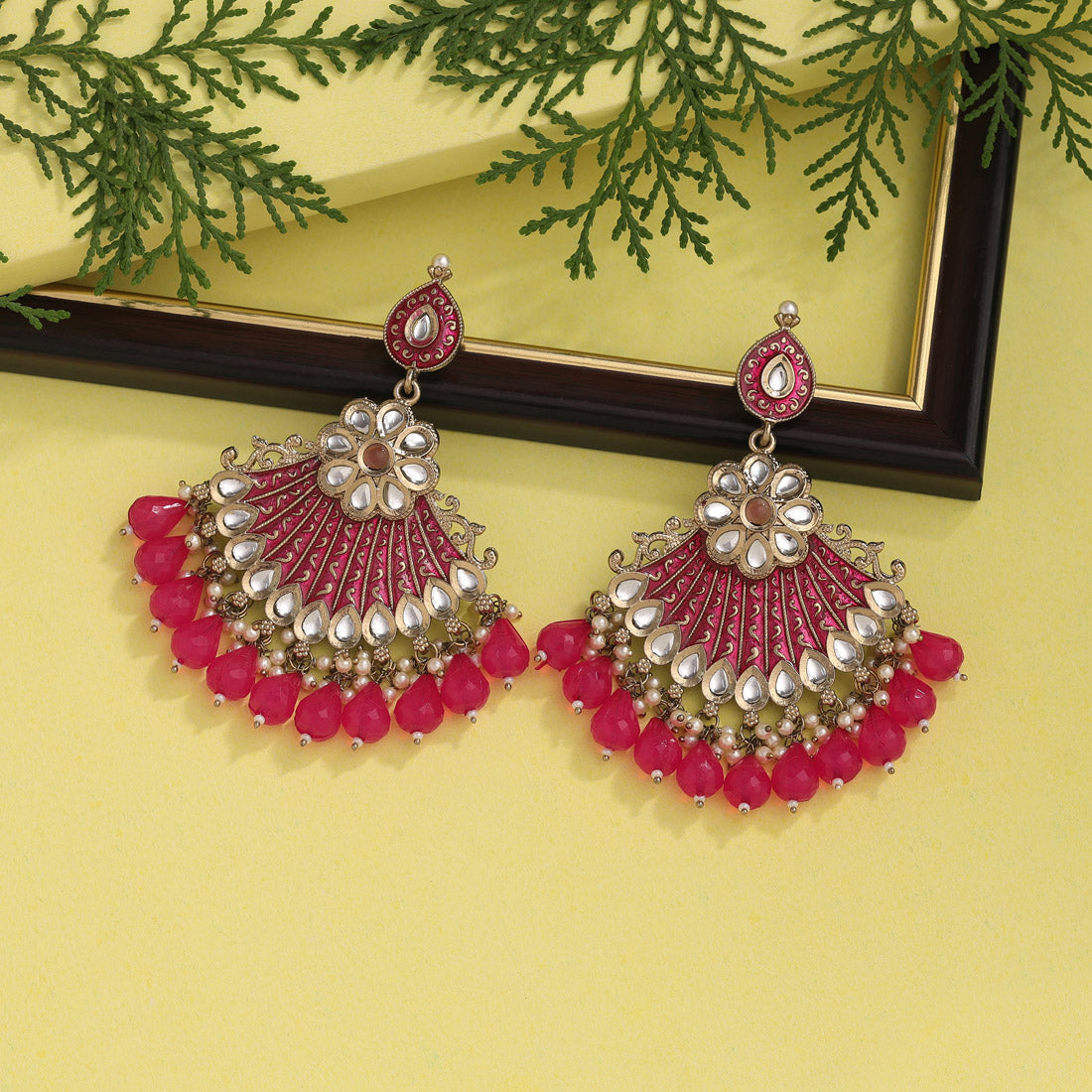 Rani Color Kundan Meenakari Earrings (MKE1995RNI) - preyans.com