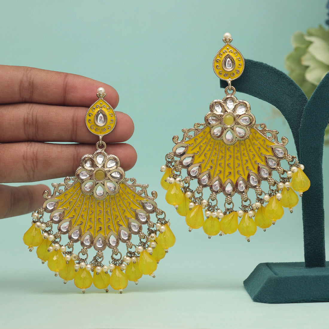 Yellow Color Kundan Meenakari Earrings (MKE1995YLW) - preyans.com