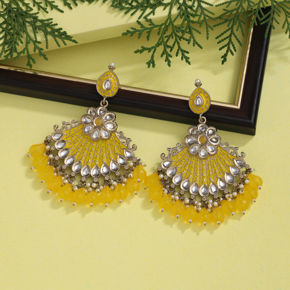 Yellow Color Kundan Meenakari Earrings (MKE1995YLW) - preyans.com