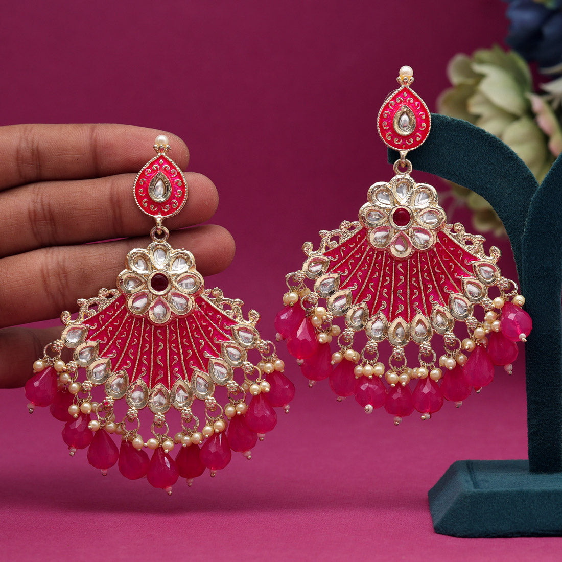 Rani Color Kundan Meenakari Earrings (MKE1996RNI) - preyans.com